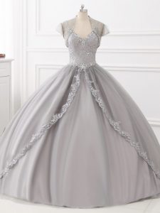 Grey Sleeveless Floor Length Beading and Appliques Lace Up 15 Quinceanera Dress