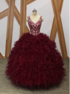 Burgundy V-neck Backless Beading and Ruffles Sweet 16 Quinceanera Dress Sleeveless