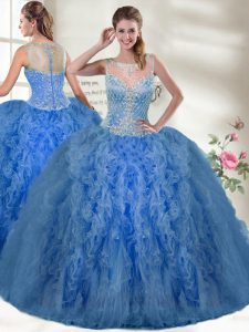 Blue Ball Gowns Organza Scoop Sleeveless Beading and Ruffles Floor Length Zipper Ball Gown Prom Dress