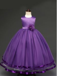 Scoop Sleeveless Pageant Gowns Floor Length Hand Made Flower Purple Tulle