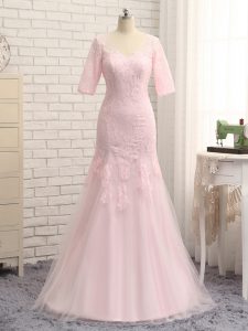 Baby Pink Mother of the Bride Dress Prom and Military Ball and Beach with Lace and Appliques V-neck Half Sleeves Zipper