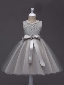 Tulle Scoop Sleeveless Zipper Lace and Belt Glitz Pageant Dress in Grey