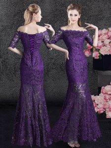 Beautiful Mermaid Off the Shoulder Eggplant Purple Half Sleeves Lace Lace Up Mother Of The Bride Dress for Prom and Party