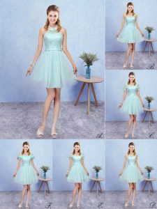 Shining Aqua Blue Halter Top Lace Up Appliques Dama Dress Cap Sleeves