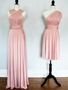 Halter Top Sleeveless Vestidos de Damas Floor Length Ruching Pink Chiffon