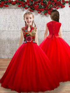 Luxurious High-neck Sleeveless Lace Up Little Girl Pageant Dress Red Tulle