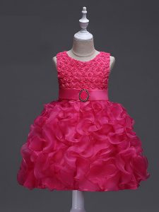 Hot Pink Lace Up Kids Formal Wear Ruffles and Belt Sleeveless Knee Length