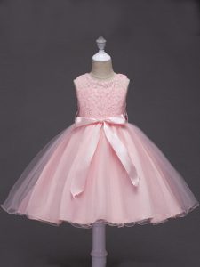 Scoop Sleeveless Pageant Dress for Teens Knee Length Lace and Belt Baby Pink Tulle