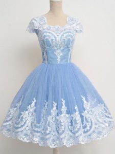 Light Blue Square Neckline Lace Vestidos de Damas Cap Sleeves Zipper