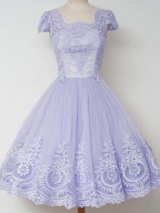 Superior Knee Length Lavender Quinceanera Dama Dress Square Cap Sleeves Zipper