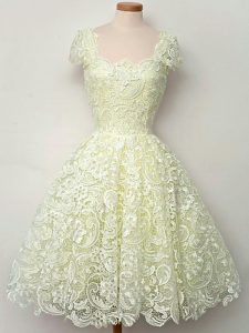 Flirting Yellow A-line Lace Court Dresses for Sweet 16 Lace Up Lace Cap Sleeves Knee Length