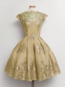 Brown Cap Sleeves Lace Knee Length Vestidos de Damas