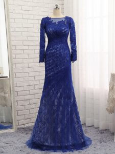 Chic Tulle Bateau Long Sleeves Brush Train Zipper Lace Mother Of The Bride Dress in Blue