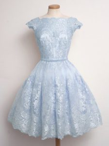 Light Blue Cap Sleeves Knee Length Lace Lace Up Vestidos de Damas