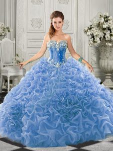 Ball Gowns Sleeveless Light Blue 15th Birthday Dress Court Train Lace Up