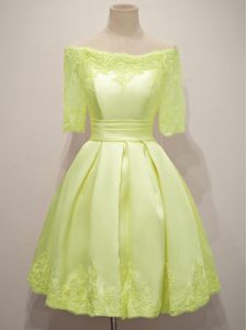 Yellow Half Sleeves Lace Knee Length Quinceanera Dama Dress