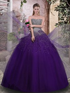 Sweet Purple Ball Gowns Tulle Strapless Sleeveless Beading Floor Length Lace Up Sweet 16 Dresses