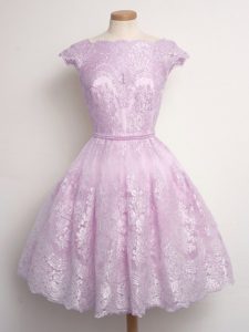 Lilac Vestidos de Damas Prom and Party and Wedding Party with Lace Scalloped Cap Sleeves Lace Up