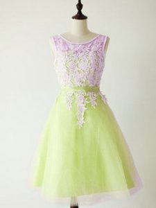 Ideal Knee Length Lace Up Vestidos de Damas Yellow Green for Prom and Party and Wedding Party with Lace