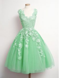 Knee Length Green Damas Dress Tulle Sleeveless Appliques