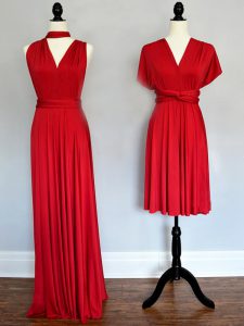 Chiffon V-neck Sleeveless Lace Up Ruching Dama Dress in Red