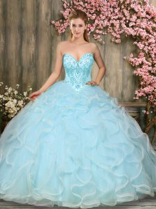 Sophisticated Beading and Ruffles Quince Ball Gowns Aqua Blue Lace Up Sleeveless Floor Length