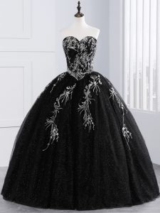 Black Tulle Lace Up Sweetheart Sleeveless Floor Length Quinceanera Gowns Embroidery
