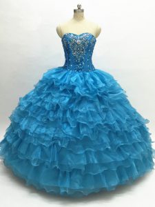 Colorful Teal Sleeveless Floor Length Beading and Ruffles Lace Up Quinceanera Dress