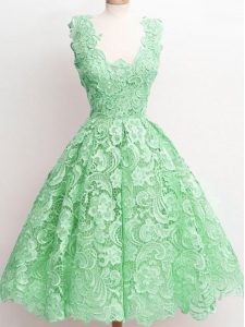 Custom Designed Green Sleeveless Lace Knee Length Damas Dress