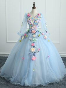 High End Light Blue Lace Up Quinceanera Dress Appliques and Hand Made Flower Long Sleeves Floor Length