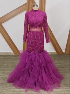 Cheap Floor Length Mermaid Long Sleeves Fuchsia Mother of Groom Dress Zipper