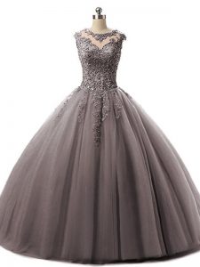 Ideal Scoop Sleeveless Lace Up Quinceanera Gown Brown Tulle