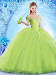 Lovely Lace Up Sweet 16 Quinceanera Dress Yellow Green for Military Ball and Sweet 16 and Quinceanera with Beading Brush Train