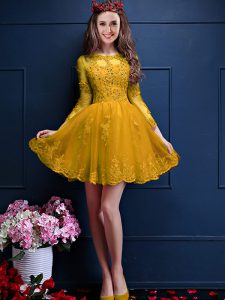 Free and Easy Gold Scalloped Neckline Beading and Lace and Appliques Dama Dress for Quinceanera 3 4 Length Sleeve Lace Up