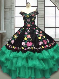 Adorable Organza and Taffeta Off The Shoulder Sleeveless Lace Up Embroidery and Ruffled Layers Sweet 16 Dress in Multi-color