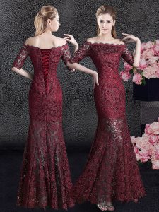 Captivating Wine Red Mermaid Lace Off The Shoulder Half Sleeves Lace Floor Length Lace Up Mother Of The Bride Dress
