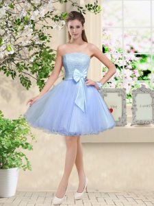 Lavender A-line Off The Shoulder Sleeveless Organza Knee Length Lace Up Lace and Belt Court Dresses for Sweet 16