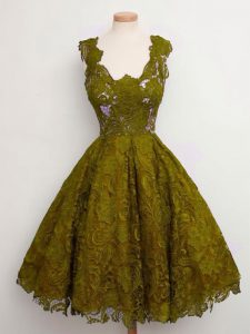 Adorable Knee Length Lace Up Quinceanera Court Dresses Olive Green for Prom and Party and Wedding Party with Lace