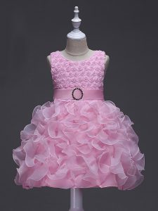 Most Popular Rose Pink Organza Lace Up Scoop Sleeveless Knee Length Pageant Dress Toddler Ruffles and Belt