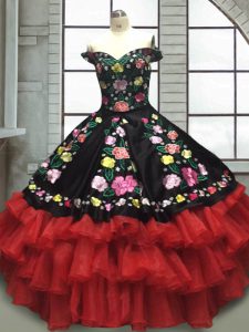 Ball Gowns Quinceanera Gowns Red And Black Off The Shoulder Organza and Taffeta Sleeveless Floor Length Lace Up