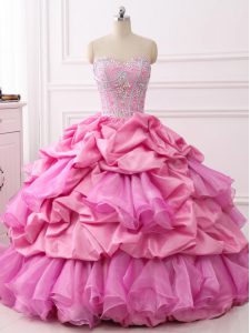Admirable Rose Pink Ball Gowns Sweetheart Sleeveless Organza and Taffeta Floor Length Lace Up Beading and Ruffles and Pick Ups Quinceanera Gown