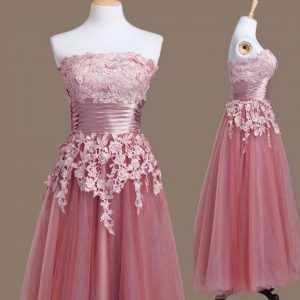 Custom Made Pink Tulle Lace Up Quinceanera Court Dresses Sleeveless Tea Length Appliques