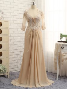 Wonderful Champagne Empire V-neck Long Sleeves Chiffon Brush Train Zipper Beading and Lace and Appliques Mother Of The Bride Dress