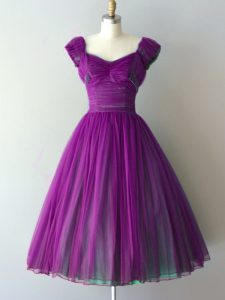 Romantic Knee Length Purple Court Dresses for Sweet 16 V-neck Cap Sleeves Lace Up