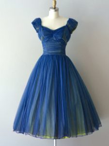 Sumptuous Blue Cap Sleeves Chiffon and Tulle Lace Up Dama Dress for Quinceanera for Prom and Party and Military Ball and Sweet 16