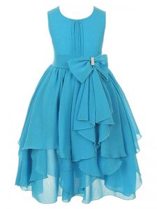 Trendy Ruffles and Bowknot Pageant Dress for Girls Aqua Blue Zipper Sleeveless Asymmetrical