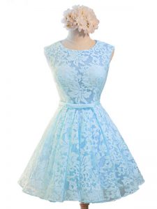 Light Blue Lace Up Quinceanera Dama Dress Belt Sleeveless Knee Length