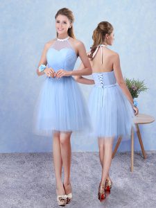 Cheap Sleeveless Tulle Knee Length Lace Up Court Dresses for Sweet 16 in Blue with Ruching