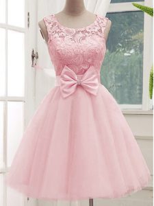 Nice Baby Pink A-line Tulle Scoop Sleeveless Lace and Bowknot Knee Length Lace Up Damas Dress