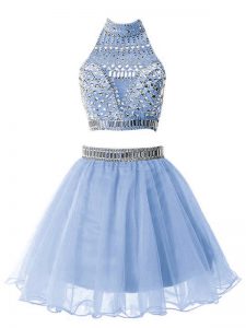 Light Blue High-neck Neckline Beading Court Dresses for Sweet 16 Sleeveless Zipper
